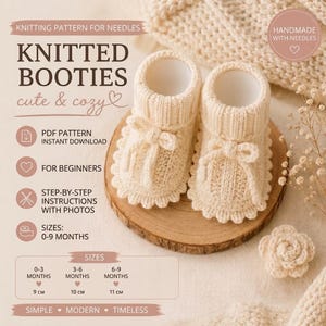 May include: A pair of cream-coloured knitted booties with ribbed cuffs and decorative bows, displayed on a wooden disc. The text includes KNITTING PATTERN FOR NEEDLES, KNITTED BOOTIES, PDF PATTERN, FOR BEGINNERS, and sizes 0-9 months with 9 cm to 11 cm.