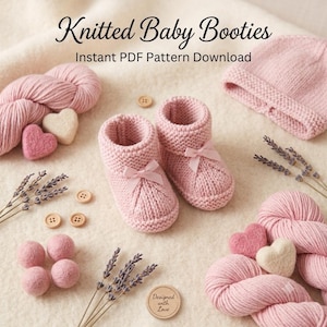 Può includere: Un paio di scarpine per neonati lavorate a maglia in rosa chiaro con piccoli fiocchi di raso, accompagnate da matasse di lana rosa, un berretto abbinato, bottoni in legno, cuori in feltro e rametti di lavanda. Il testo recita Knitted Baby Booties.
