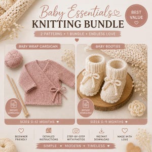 Puede incluir: Un conjunto de tejido que incluye una chaqueta cruzada para bebé en color rosa empolvado con lazo lateral y un par de patucos color crema con puños acanalados y lazos. El texto dice Baby Essentials KNITTING BUNDLE, 2 PATTERNS, 1 BUNDLE, ENDLESS LOVE.