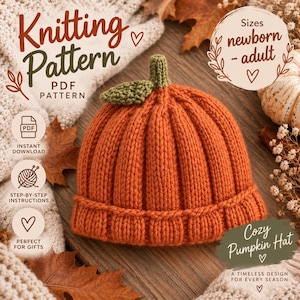 May include: A knitted orange pumpkin hat with a green stem and leaf on top. The hat features vertical ribbed texture and a folded brim. Text on the image includes Knitting Pattern, PDF Pattern, Sizes newborn - adult, and Cozy Pumpkin Hat.