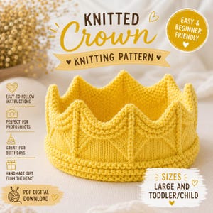 Op de afbeelding: Een felgele gebreide kroon met een textuur aan de basis en puntige uiteinden. De afbeelding bevat de tekst: KNITTED Crown KNITTING PATTERN, EASY & BEGINNER FRIENDLY, EASY TO FOLLOW INSTRUCTIONS, PERFECT FOR PHOTOSHOOTS, GREAT FOR BIRTHDAYS, HANDMADE GIFT FROM THE HEART, PDF DIGITAL DOWNLOAD, SIZES LARGE AND TODDLER/CHILD.