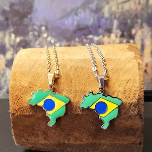 Brazil necklace pendant country outline with flag gold-plated / silver unisex | Brazil national necklace charm souvenir flag | Colar Brasil