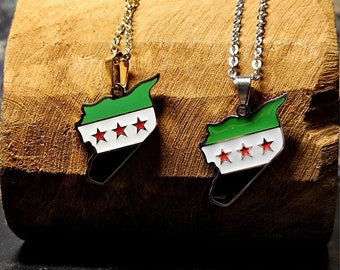 Syria Republic Necklace Pendant Country Outline with Flag Gold Plated/Silver | Syria republic necklace charm souvenir qiladat suria