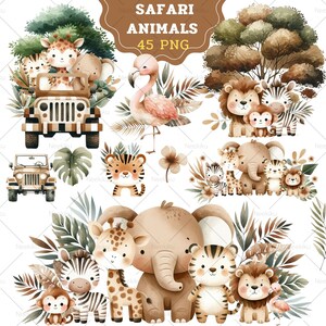 Safari Bebé Animales Acuarela Clipart, Arte de vivero de animales de la selva, Acuarela Safari PNG, baby shower, Mono, León, Jirafa, Elefante Cebra