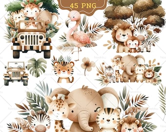 Watercolor Safari Animals Clipart: Jungle Nursery Art (PNG, Digital Download)