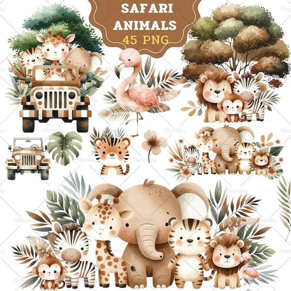 Safari Baby Animals Watercolor Clipart, Jungle animal nursery art, Watercolor Safari PNG, baby shower, Monkey, Lion, Giraffe, Zebra Elephant