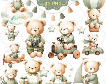 Akwarelowy miś w formie clipartu: Boho Baby Shower Designs (34 PNG) (Pobieranie cyfrowe)