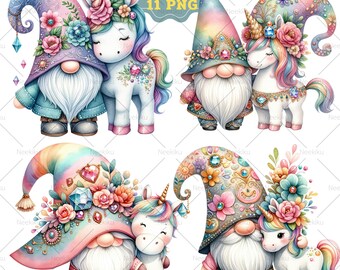 Cute Unicorn Clipart, Unicorn PNG, Gnome Clipart, Rainbow Clip Art, Junk Journal, Magic Unicorn Clipart, Sublimation Printable, Gnome Png