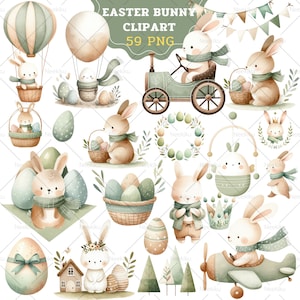 Pacchetto di clipart di Pasqua dell'acquerello, clipart simpatico coniglietto dell'acquerello, coniglietto di Pasqua, uovo di Pasqua, cestino di Pasqua PNG, Boho Easter PNG, Boho Bunny