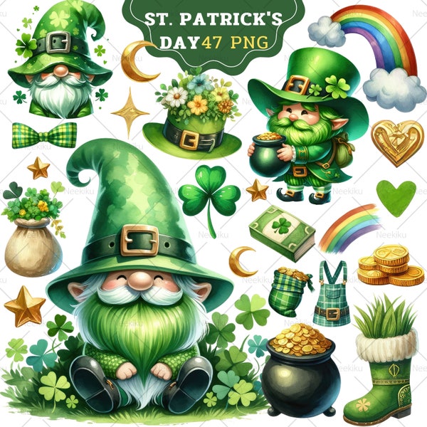 Gnome St. Patrick's Day Clipart,nShamrock , Leprechaun Clipart, Hand-Drawn Irish Festive PNG,  Watercolor St Patrick's day, Lucky Gnome