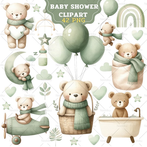 Green Teddy Bear Clipart, Cute Boho Bears, Watercolor Teddy bear clipart, baby shower clipart, cute teddy clipart, little bear, Bear Png