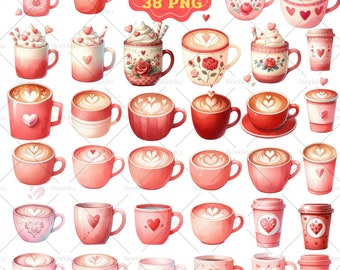 Aquarell Valentinstag Kaffee Clipart: Latte Herz Tassen (PNG, Kommerzielle Nutzung)