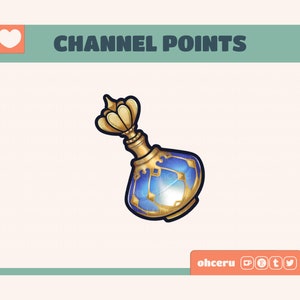 May include: A blue and gold bottle with a golden crown-like top. The bottle is filled with a glowing blue liquid. The text "CHANNEL POINTS" is above the bottle.