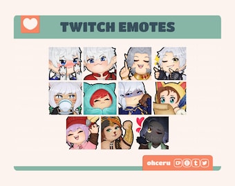 Op de afbeelding: Een set van 12 Twitch-emotes met verschillende personages met verschillende uitdrukkingen. De emotes zijn ontworpen in een cartoon-stijl met felle kleuren en eenvoudige details. De emotes zijn gerangschikt in een raster van drie rijen en vier kolommen. De tekst "TWITCH EMOTES" wordt bovenaan de afbeelding weergegeven.