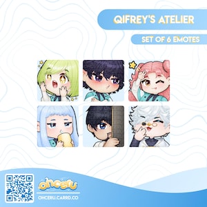 以下が含まれることがあります： さまざまな髪の色と表情を持つキャラクターが登場する、6つの漫画絵文字のセットです。キャラクターはティールと白の衣装を着ています。「Qifrey's Atelier」と「Set of 6 Emotes」の文字が表示されています。ウェブサイトのアドレスohceru.carrd.coも表示されています。