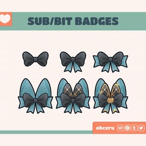 Könnte beinhalten: Satz von sechs blauen und schwarzen Schleifenabzeichen mit verschiedenen Designs. Die Abzeichen zeigen eine schwarze Schleife mit blauem Hintergrund und einem goldenen Muster. Der Text "SUB/BIT BADGES" befindet sich oben im Bild. Der Text "ohceru" befindet sich unten im Bild.