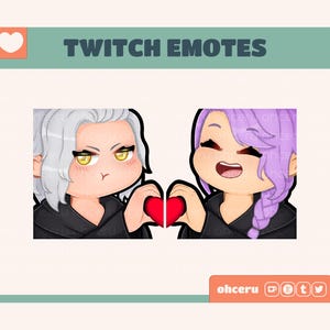 May include: Two cartoon characters, one with white hair and the other with purple hair, are holding a red heart between them. They are both wearing black clothing and have a happy expression on their faces.