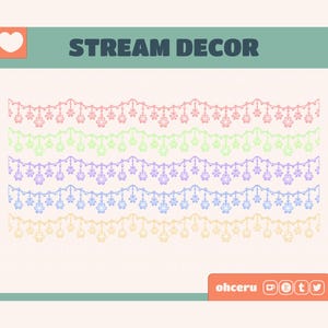 May include: A set of six colourful digital streamer borders with a floral design. The borders are in shades of pink, green, purple, blue, and yellow. The text "STREAM DECOR" is at the top of the image.