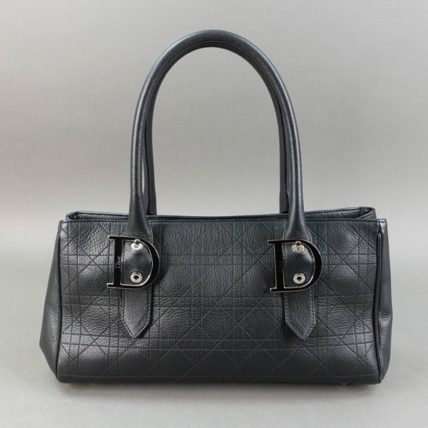 Christian Dior Black Calfskin Cannage Stitched East-West D Buckle Shoulder Bag