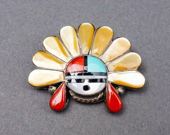 Andrew Laahte AL Zuni Sunface Sterling Multi Stone Inlay Anhänger Brosche Anstecknadel