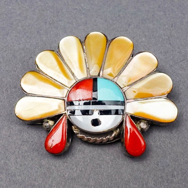 Andrew Laahte AL Zuni Sunface Sterling Multi Stone Inlay Pendant Brooch Pin