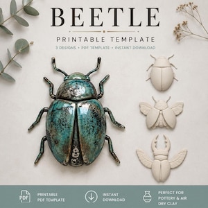 Könnte beinhalten: Eine druckbare Vorlage mit dem Titel BEETLE, die drei Designs für Töpferwaren und lufttrocknenden Ton enthält. Das Bild zeigt einen großen, detaillierten blaugrünen und metallischen Käfer neben drei schlichten, hellen Käferformen.