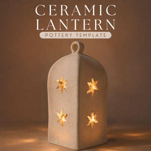 Könnte beinhalten: Eine beige Keramiklaterne mit strukturierter Oberfläche und einem oberen Ringgriff. Die Laterne verfügt über vier sternförmige Ausschnitte, die ein warmes Licht ausstrahlen. Der Text CERAMIC LANTERN POTTERY TEMPLATE ist in Weiß über dem Objekt zu sehen.