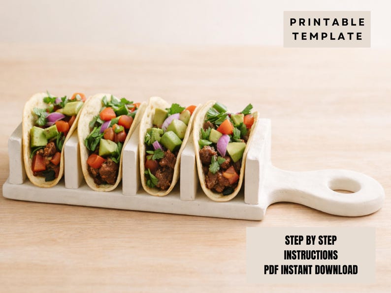 May include: Four fully loaded tacos in a white ceramic taco holder. The tacos are filled with ground meat, diced avocado, tomatoes, red onions, and coriander. The image includes the text "PRINTABLE TEMPLATE" and "STEP BY STEP INSTRUCTIONS PDF INSTANT DOWNLOAD."