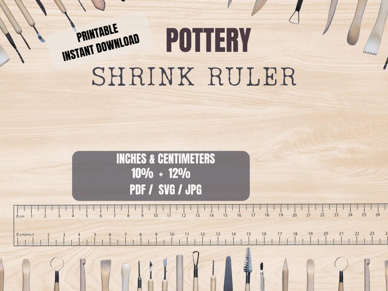 The image is a collection of pottery tools and a ruler, with the text "POTTERY SHRINK RULER" prominently displayed.