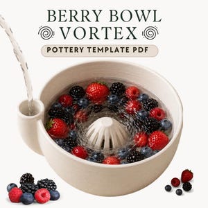 May include: A cream-colored ceramic berry bowl with a central drainage cone and a side spout for water flow. The text BERRY BOWL VORTEX POTTERY TEMPLATE PDF is displayed above. Fresh red strawberries, blackberries, and blueberries are submerged in water.