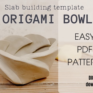 May include: A light beige origami bowl made from clay, with a unique spiral design. The text on the image reads "Slab building template" and "ORIGAMI BOWL". Additional text includes "EASY PDF PATTERN" and "DIGITAL download".