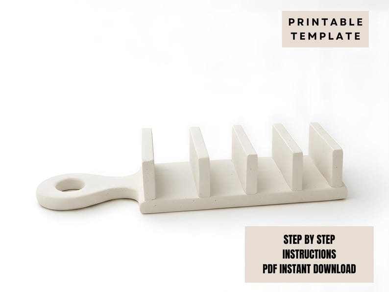 May include: A cream-coloured template holder with a handle and five vertical dividers. The holder has a smooth, matte finish. Text on the image reads "PRINTABLE TEMPLATE" and "STEP BY STEP INSTRUCTIONS PDF INSTANT DOWNLOAD."