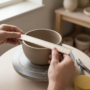 A person's hands are carefully measuring and shaping a clay pot on a pottery wheel, using a ruler to ensure the dimensions are accurate.