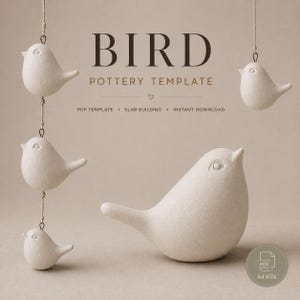 May include: A digital product listing for a BIRD POTTERY TEMPLATE featuring four off-white ceramic bird figures. Three birds are suspended vertically on a string, while one larger bird sits below. Text includes BIRD POTTERY TEMPLATE, PDF TEMPLATE, SLAB BUILDING, INSTANT DOWNLOAD, and A4 SIZE.