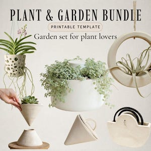 Puede incluir: Un conjunto de plantas y jardín con el texto "Plant & Garden Bundle" y "Printable Template". La imagen muestra varias macetas de cerámica blanca, incluyendo una maceta colgante, una maceta redonda y una maceta en forma de cono. Las macetas contienen plantas.