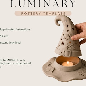 a hand holding a ceramic pottery piece, which appears to be a hat-shaped container with a lit candle inside. The pottery piece has a star-shaped design and is described as a "pottery template" that can be used for creating similar items.