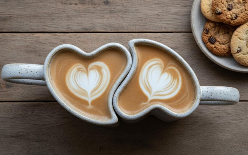 May include: Two heart-shaped mugs filled with latte art, each featuring a white heart design on a creamy brown surface. The mugs are light gray with speckled details and sit on a wooden surface. A plate of cookies is in the background.