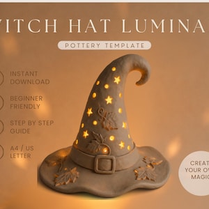 a witch hat with a glowing star design, placed on a brown background.