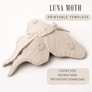 May include: A beige Luna Moth printable template. The moth features detailed wing patterns and is labelled with the text "LUNA MOTH" and "PRINTABLE TEMPLATE". Additional text includes "STEP BY STEP INSTRUCTIONS" and "PDF INSTANT DOWNLOAD".