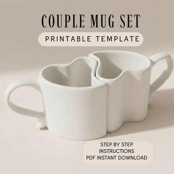 Valentine couple mug set pottery template. Slab building PDF pattern