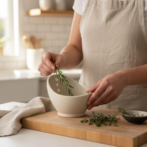 A person is preparing a dish in a kitchen, using a bowl to mix ingredients and a cutting board to chop herbs.