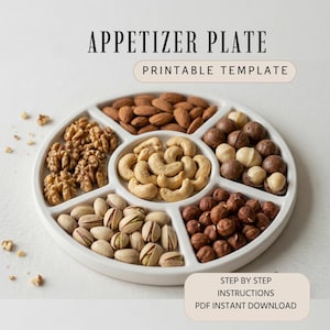 May include: A white, circular appetizer plate filled with almonds, walnuts, cashews, pistachios, and hazelnuts. The plate is divided into sections. Text on the image reads "APPETIZER PLATE" and "PRINTABLE TEMPLATE".
