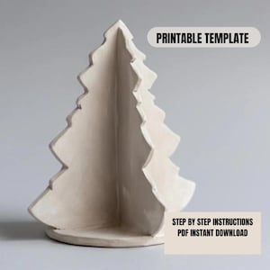 May include: A cream-colored, stylized Christmas tree sculpture. The tree has a layered, zig-zag design and sits on a circular base. Text on the image reads "PRINTABLE TEMPLATE" and "STEP BY STEP INSTRUCTIONS PDF INSTANT DOWNLOAD".
