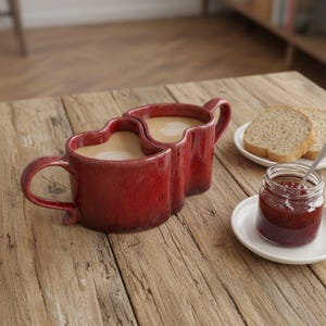 May include: A pair of heart-shaped red ceramic mugs filled with coffee or tea, sitting on a wooden table. Beside the mugs are slices of bread on a small plate and a jar of jam.