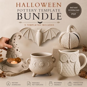 May include: A Halloween pottery template bundle featuring five printable PDF designs. The collection includes a witch hat candle holder, a bat wall hanging, a textured pumpkin, a sun and moon cauldron, and an owl mug, all in a light beige tone.
