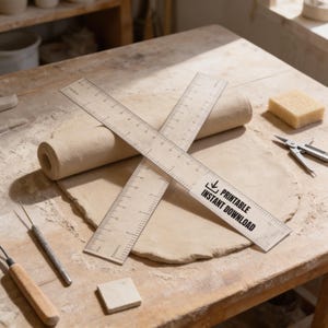 a workspace with various tools and materials, including a rolling pin, ruler, and other crafting supplies, suggesting a creative or artistic environment.