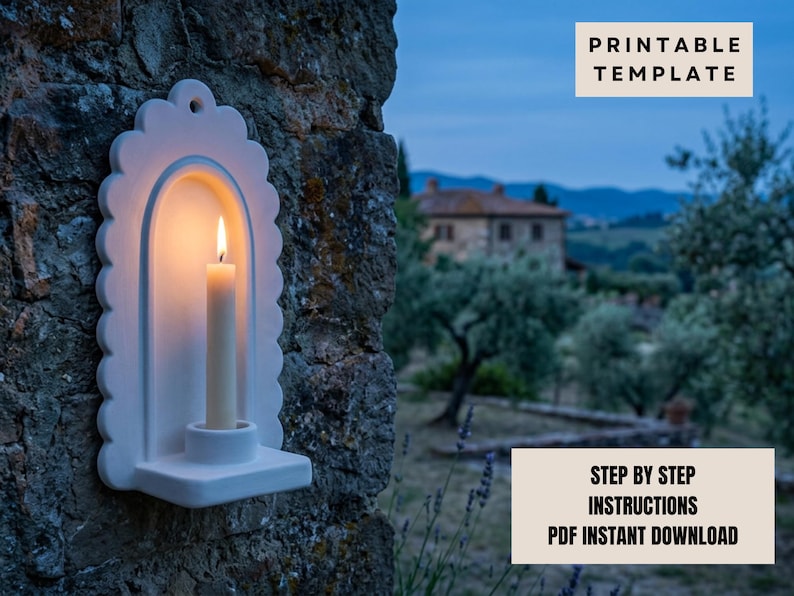 a white candle holder mounted on a stone wall, with a lit candle inside. In the background, there is a house surrounded by trees, creating a serene and peaceful atmosphere.
