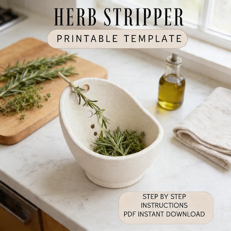 a kitchen counter with a cutting board, a bowl of fresh herbs, and a bottle of oil. The text overlay provides a printable template for a herb stripper, along with instructions for a step-by-step process.