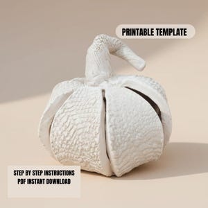 Peut inclure: Un objet décoratif blanc en forme de citrouille texturée avec une tige incurvée. La citrouille est divisée en sections. Le texte sur l'image indique "PRINTABLE TEMPLATE" et "STEP BY STEP INSTRUCTIONS PDF INSTANT DOWNLOAD".