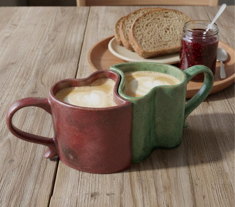 May include: Two ceramic mugs, one burgundy and one green, are nestled together, each filled with coffee. A wooden tray holds bread slices and a jar of jam. The mugs have heart-shaped tops and are on a wooden table.